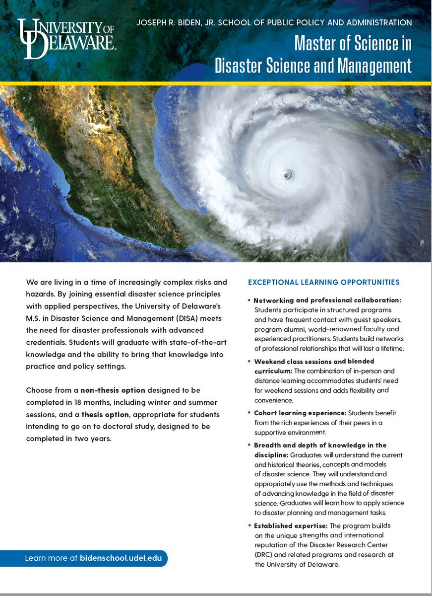 .<a href="/UDelaware/">Univ. of Delaware</a>'s Master's degree in #disaster science &amp; management goes hybrid in #Fall2021. Convenient for working professionals with weekend in-person session, blended distance-learning curriculum, &amp; a full cohort experience. (1/2) <a href="/UDBidenSchool/">University of Delaware Biden School</a> #EMGTwitter