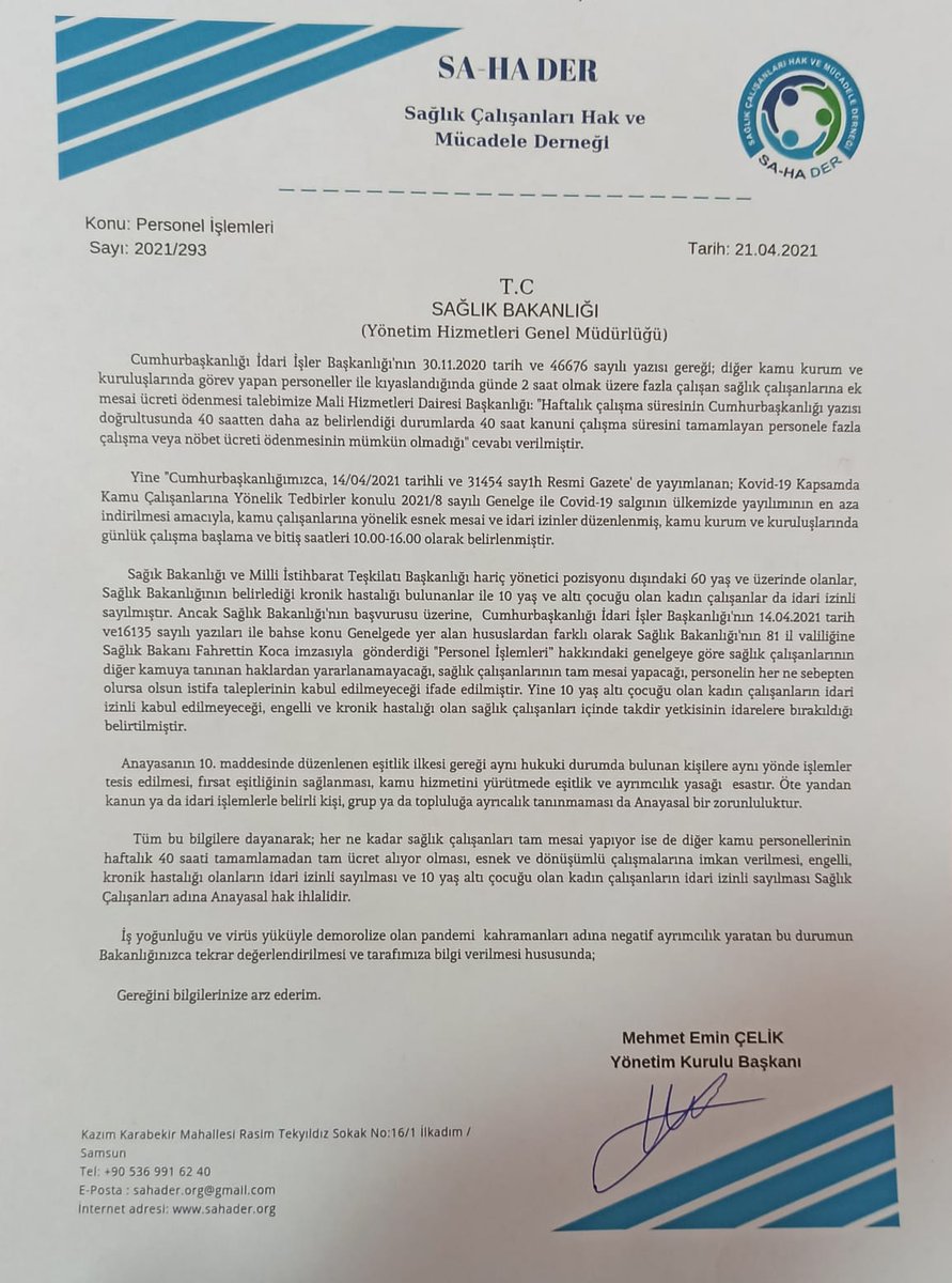 Yayınlanan genelgelerle sağlık personeli dışındaki kamu personeline farklı modellerle çalışma esnekliği sağlayan fakat sağlık çalışanlarının fazla çalışmasını ve çocuklarını yok sayan  Sağlık Bakanlığı'nın ayrımcılık yaratan tutumunu kabul etmiyoruz!
<a href="/drfahrettinkoca/">Dr. Fahrettin Koca</a>