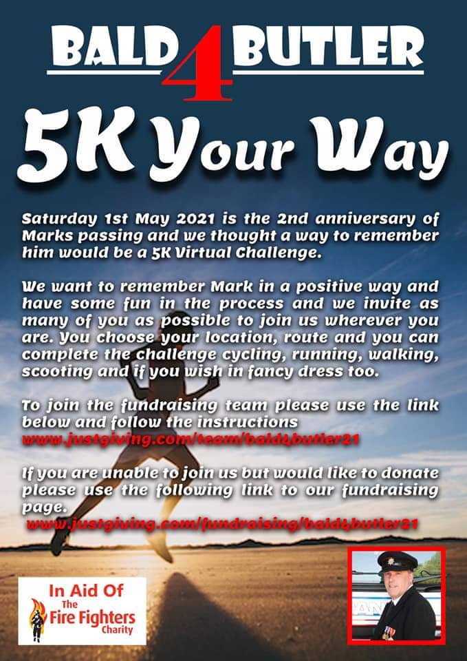 This time next week is the #bald4butler5k your way in memory of Mark. 
Have you signed up yet? 
Post in the comments box how you plan to do your 5k, raise money for <a href="/firefighters999/">Fire Fighters Charity</a> and remember Mark.
You can sign up &amp; find more at justgiving.com/fundraising/ba… 
#firefamilychallenge