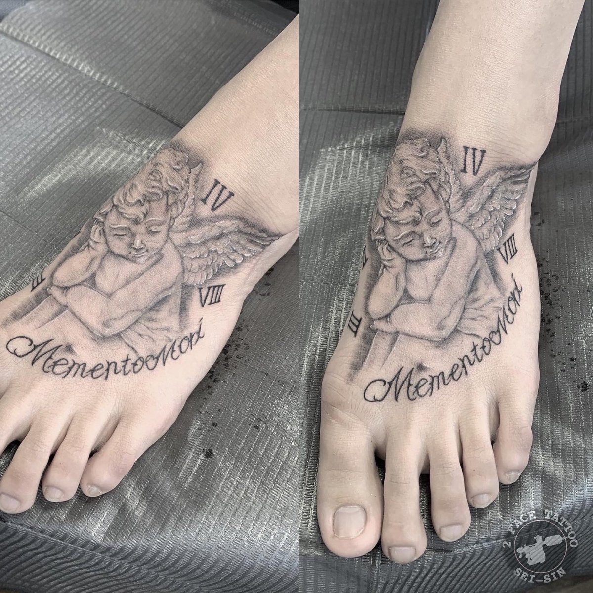 女の子の足に天使とMementMoriとローマ数字を。文字と数字はフリーハンドで。よく聞かれる質問なんですがこちらで3H1発仕上げの¥30000-になります。  ご参考までに。 ありがとー‼️お疲れ様でした☺️👋 #タトゥー #タトゥー女子 #刺青 #刺青女子 #千葉タトゥー #木更津 ..., image size:1200x1200