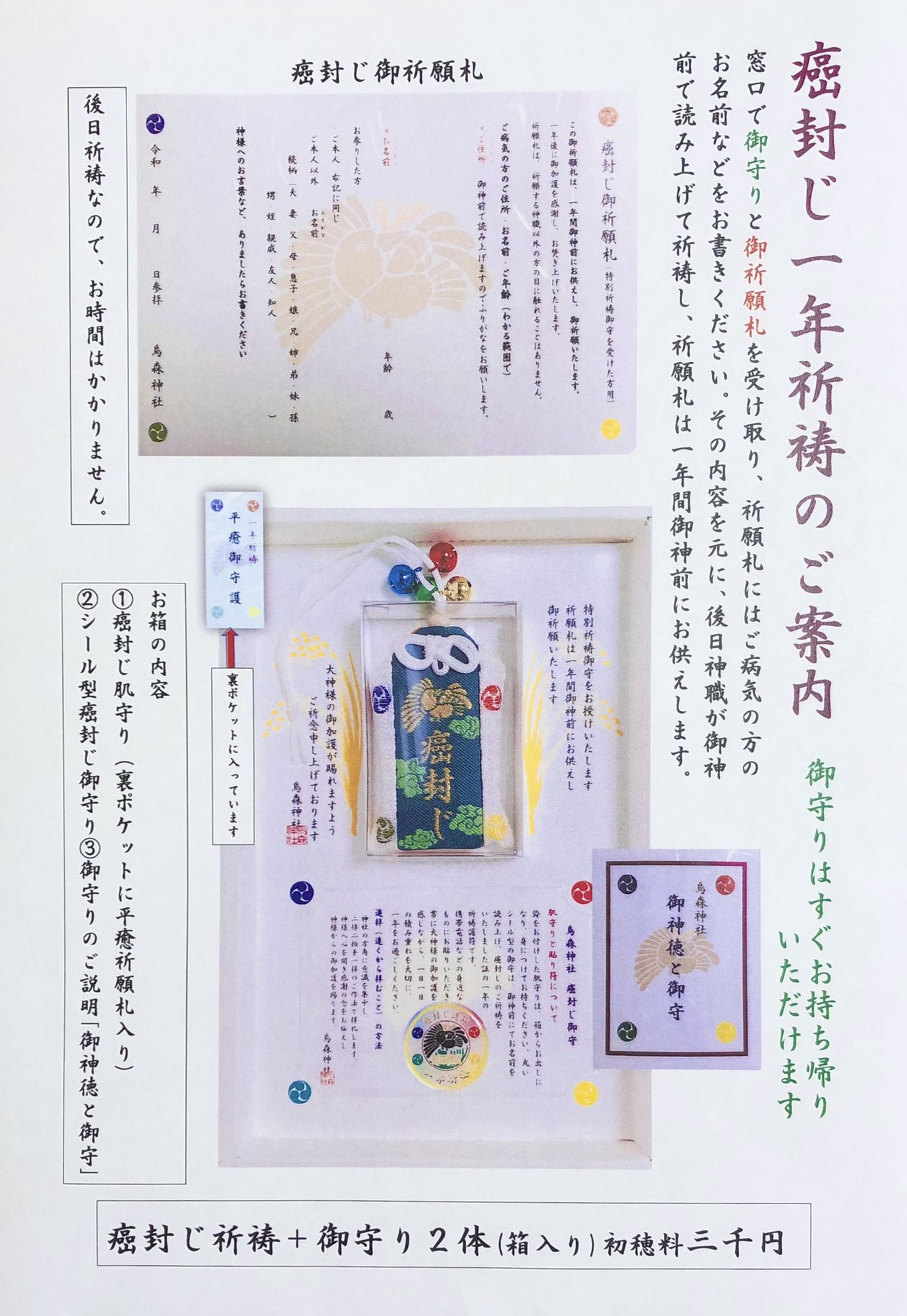 こい吉 烏森神社公認 緊急事態宣言期間 御参拝が叶わない方の為 癌封じ一年祈祷御守りのみお送りします 癌封じ御守 シール型癌 封じ護符 御守りのポケットに平癒祈願札 癌封じ祈祷で初穂料3千円プラス1 300円で代引にてすぐにお送りします お申込は9