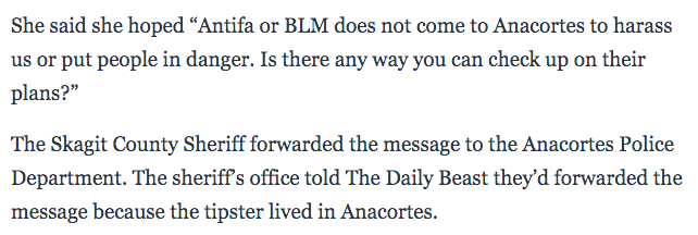 In June 2020, a paranoid fascist in Anacortes, Washington contacted cops on the NextDoor app about a man with bleached blond hair merely making a mean face when he looked at her fascist signs.Her retired school principal friend claimed the man was an "Antifa or BLM scout."