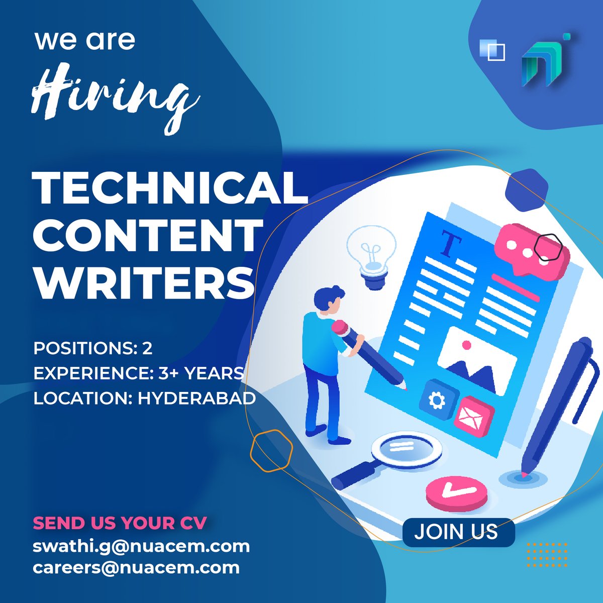 nuacemai's tweet image. Dear folks,

We are looking for a #technicalcontentwriter at @nuacemai.
𝐏𝐨𝐬𝐢𝐭𝐢𝐨𝐧𝐬: 2
𝐄𝐱𝐩: 3+ years
𝐋𝐨𝐜𝐚𝐭𝐢𝐨𝐧: Hyderabad
please share updated CVs to 𝐬𝐰𝐚𝐭𝐡𝐢.𝐠@𝐧𝐮𝐚𝐜𝐞𝐦.𝐜𝐨𝐦 or
𝐜𝐚𝐫𝐞𝐞𝐫𝐬@𝐧𝐮𝐚𝐜𝐞𝐦.𝐜𝐨𝐦
#hiring #hiring2021 #contentcreation