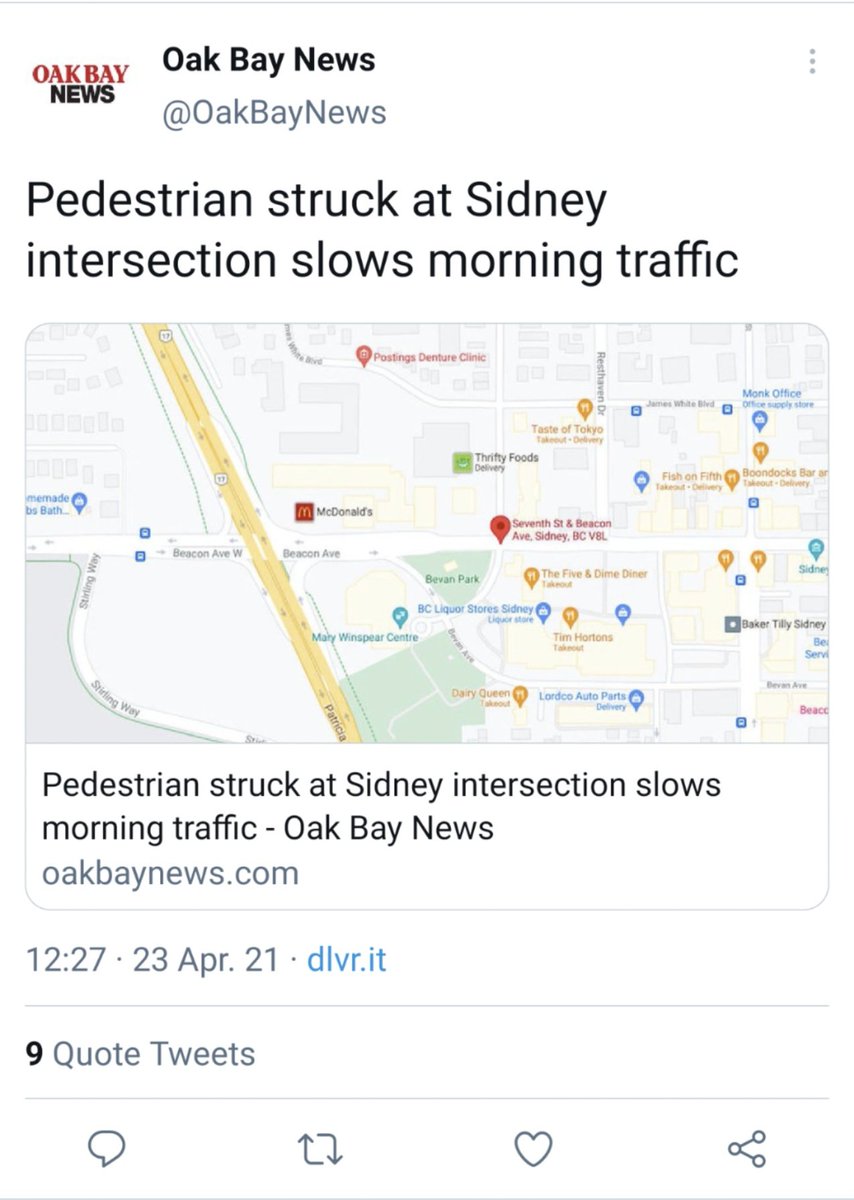 Amazing.  @BlackPressMedia manages to pen one of the worst headlines ever. The actual article, published by multiple outlets, says the injured person was in an intersection and was taken to hospital. There's no excuse for headlines like this.  https://www.oakbaynews.com/news/pedestrian-struck-at-sidney-intersection-slows-morning-traffic