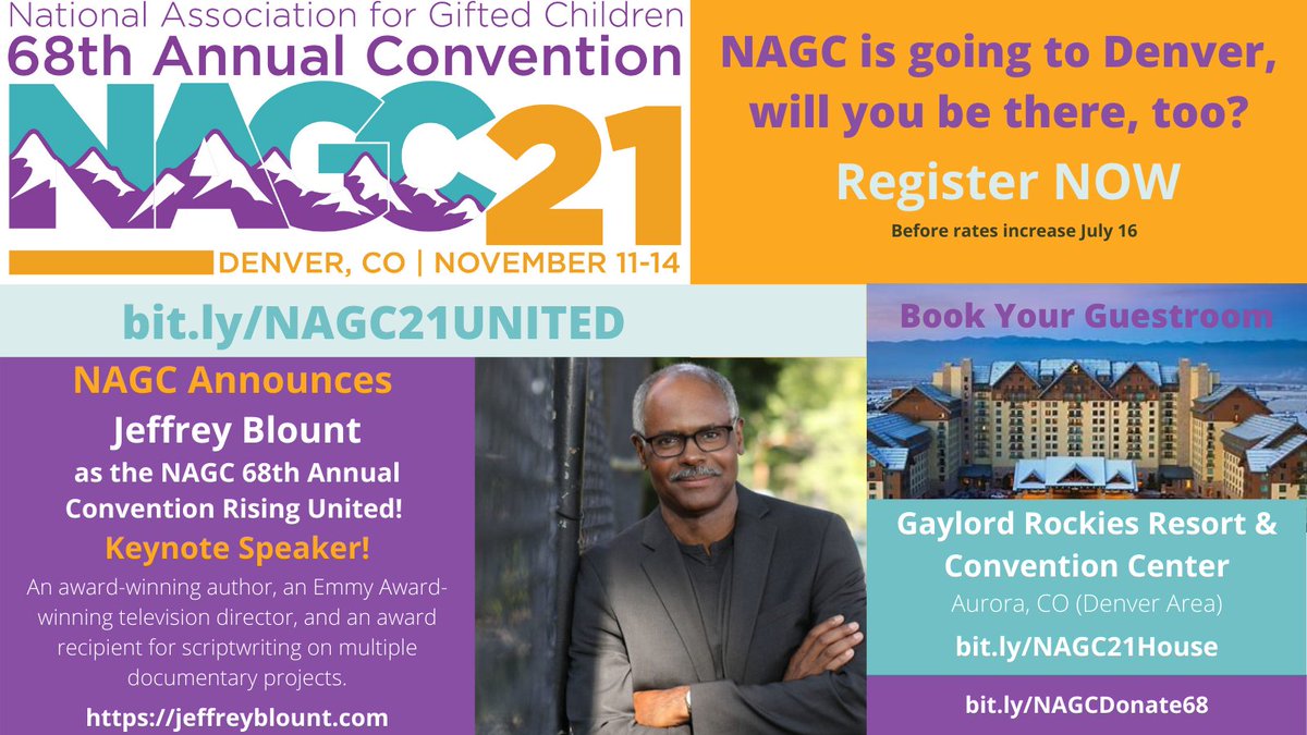 NAGCGIFTED's tweet photo. #NAGC21 will be in Denver November 11-14, how about  you? Can't wait to hear from The Emancipation of Evan Walls author and Emmy award-winning director @jeblount at #NAGC21 Opening Keynote. Early reg rates end 7/16! https://t.co/r03C9ZetLf #gifted #giftedmintds #gtchat https://t.co/S3SGthC19O