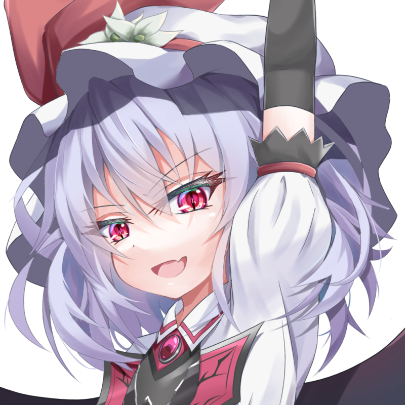 remilia scarlet 1girl hat solo open mouth mob cap arm up fang  illustration images