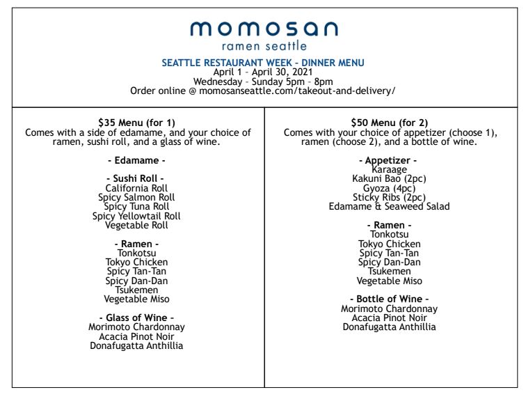 MomosanSeattle (@momosanseattle) on Twitter photo Just one week left of <a href="/SeattleRW/">Seattle Restaurant Week</a> and your last chances to try out the specials that we're offering. They are available Wed-Sun, from 5-8pm.
Ordering options here: momosanseattle.com/takeout-orders… Just one week left of <a href="/SeattleRW/">Seattle Restaurant Week</a> and your last chances to try out the specials that we're offering. They are available Wed-Sun, from 5-8pm.
Ordering options here: momosanseattle.com/takeout-orders…