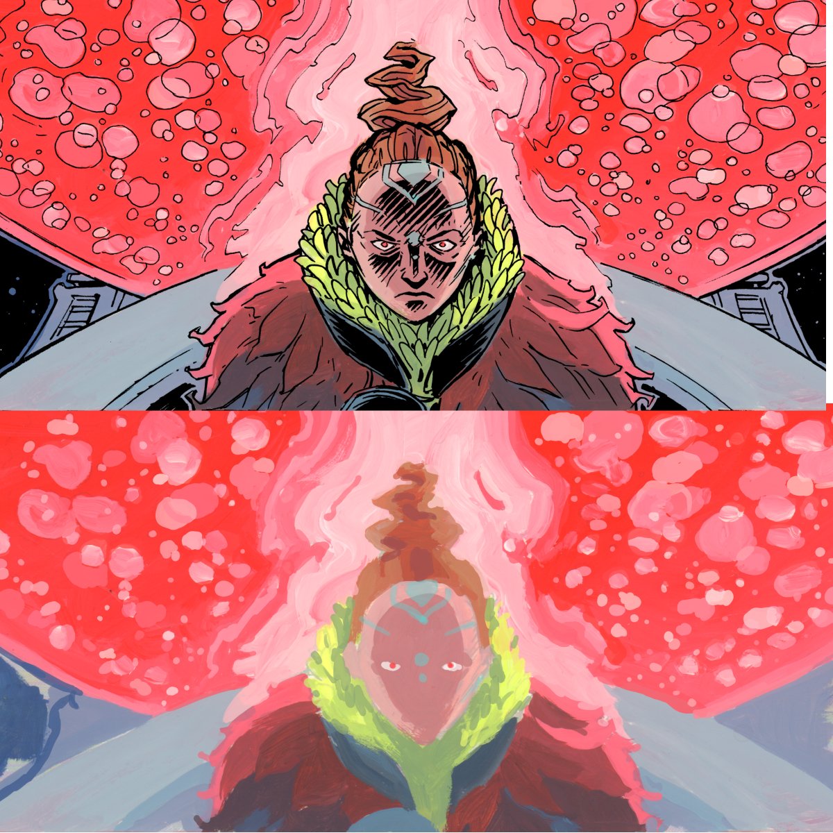 Painted colours with and without the magical lines of @AndrewKrahnke ! My unconventional technique of using gouache gives every panel a unique texture. #tartarus