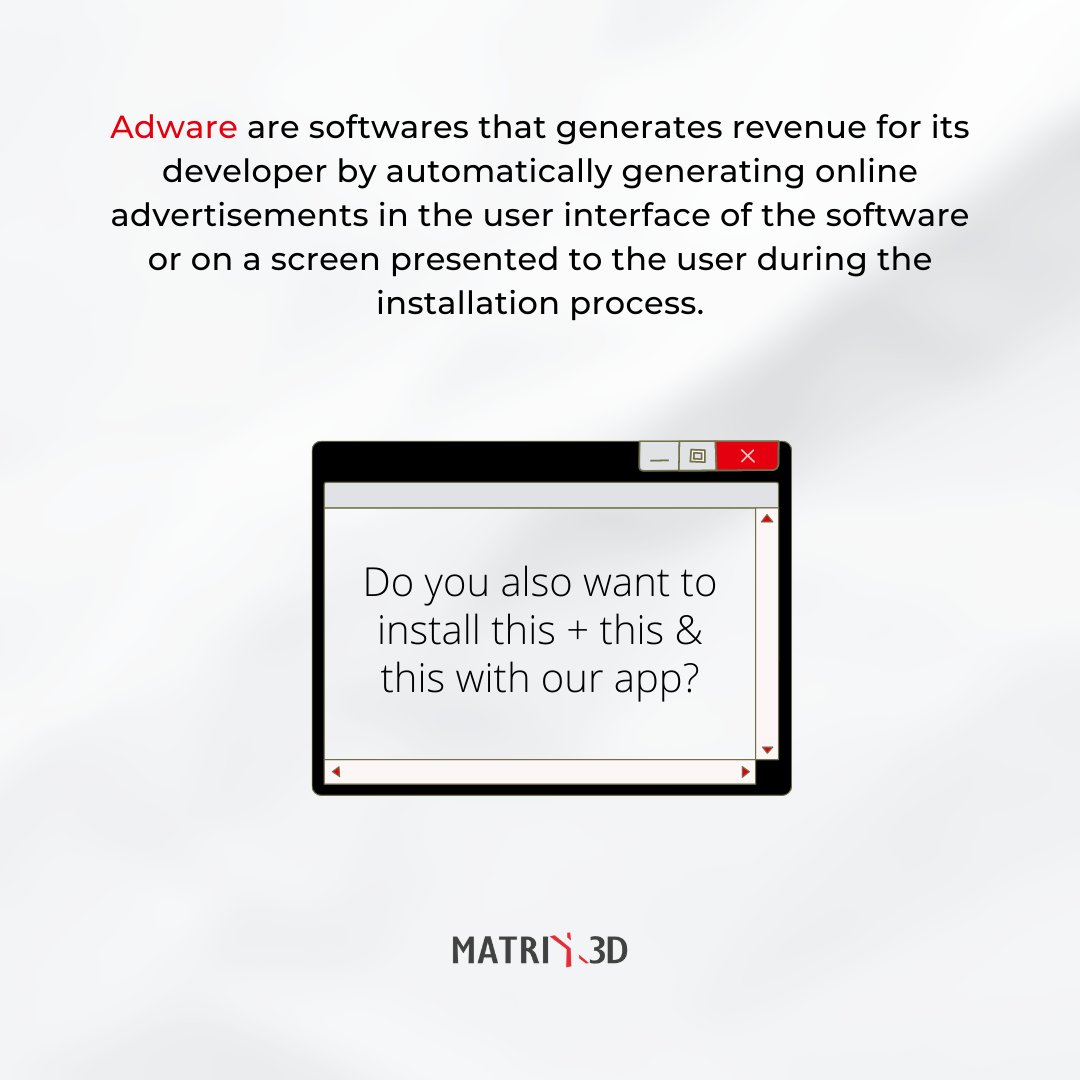 Matrix3D_India's tweet image. Adware in simple words. 

#learnwithmatrix3d #cybersecurity #CSMEbyMatrix3D #infosec #CyberSecurityMadeEasy #informationsecurity #datasecurity #adware