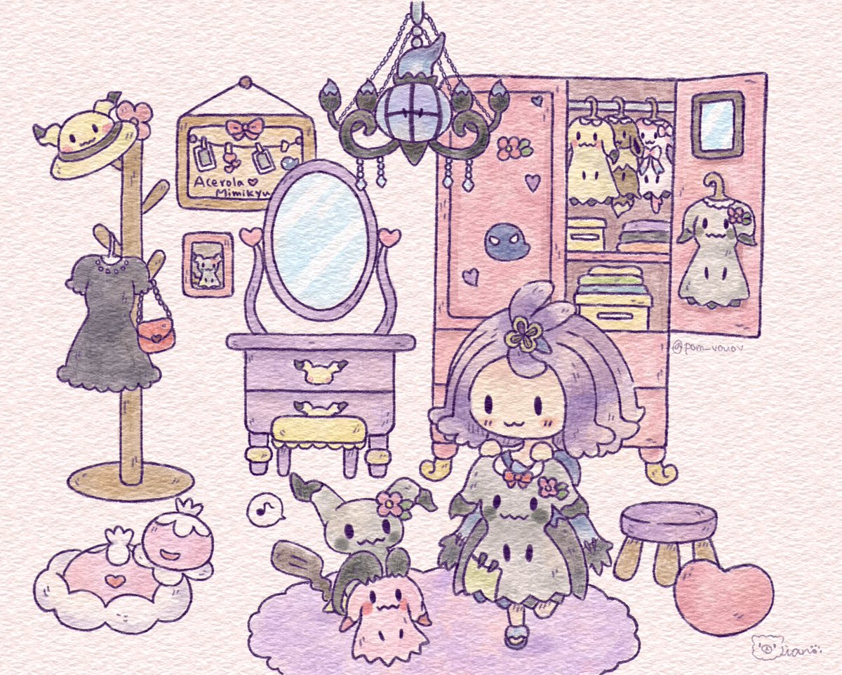 acerola (pokemon) ,mimikyu pokemon (creature) mirror 1girl musical note purple hair dress stitches  illustration images