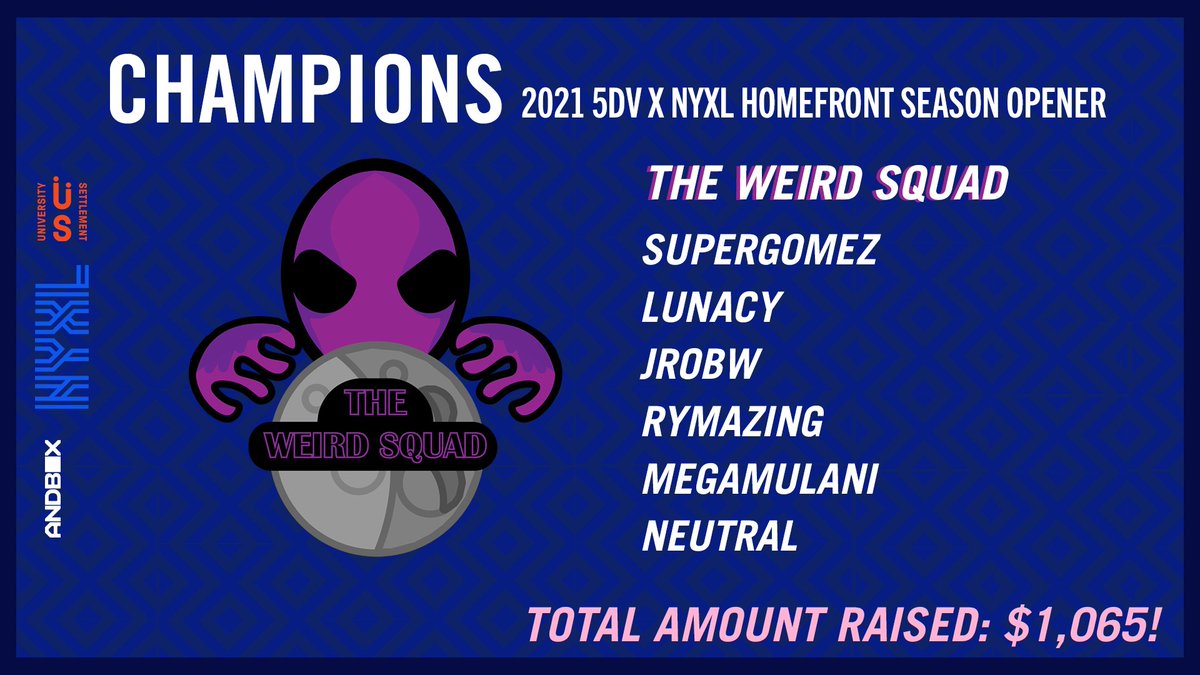 Congratulations to <a href="/WeirdSquadOW/">The Weird Squad</a> for winning the NYXL x 5DV Community Charity Tournament.

Thank you to everyone who helped us raise $1,065 for <a href="/UnivSettlement/">University Settlement</a>.

Next stop? NYXL Opening Day!!!!

#OWL2021 #EverUpward #NYCisUS