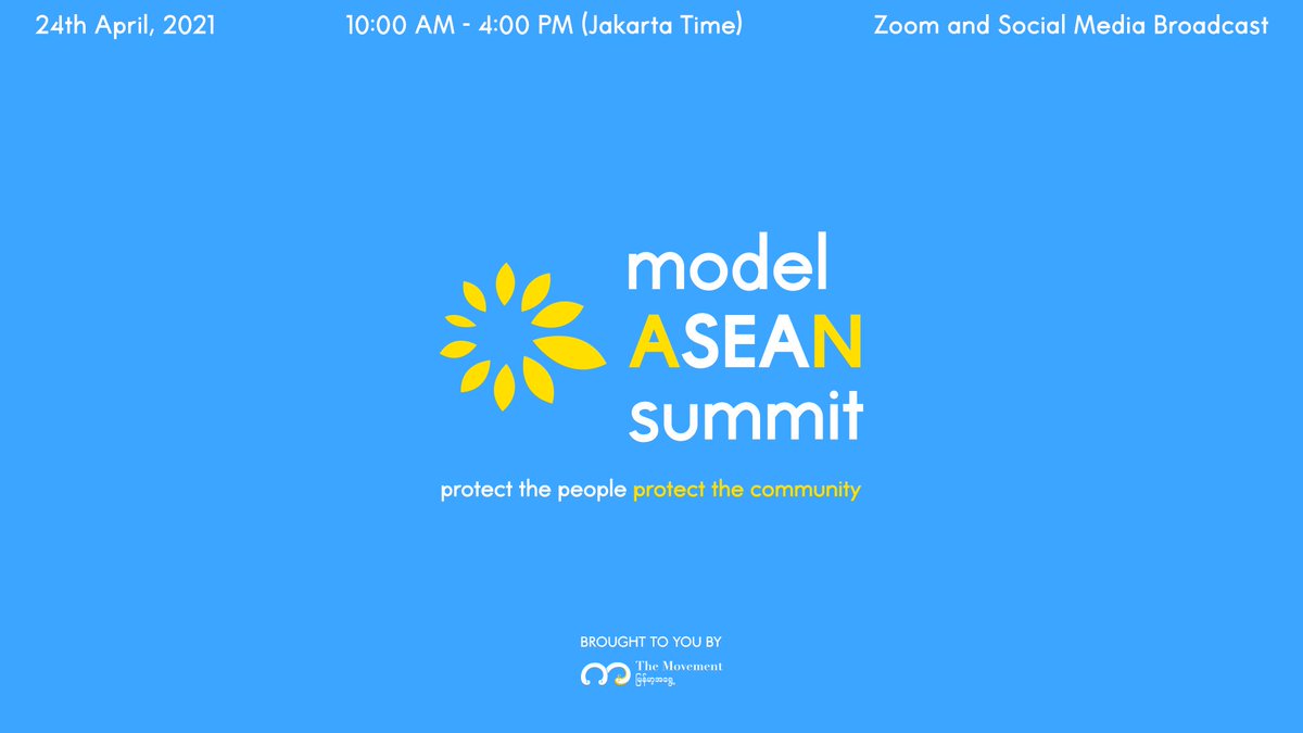 #ModelASEANSummit is happening right now concurrently as the real ASEAN Summit! Tune in LIVE now via Facebook at: happhttps://www.facebook.com/themovementmm/videos/2907229769523283/

#DemocraSEA #WhatsHappeningInMyanmar