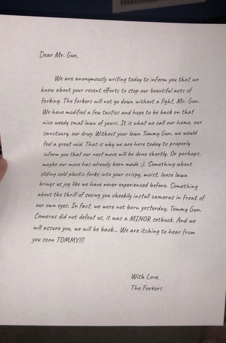 HburgForks's tweet photo. Am I even surprised at this point? The forkers continue to assert their dominance over Mr. Gun while delivering stifling news in this letter. These forkers are not a force to be reckoned with! We’ll see how Tommy responds. Good luck gun! 🍴 https://t.co/qE3d1qG3cr