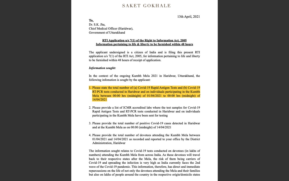 Lies about Kumbh Mela & Covid:I'd filed an RTI with CMO Haridwar asking how many Covid-19 tests were conducted in the 14-day period from 1st April to 14th April at Kumbh Mela.Remember: over 3.5 million people bathed in the river on just ONE DAY so imagine the footfall.(1/7)