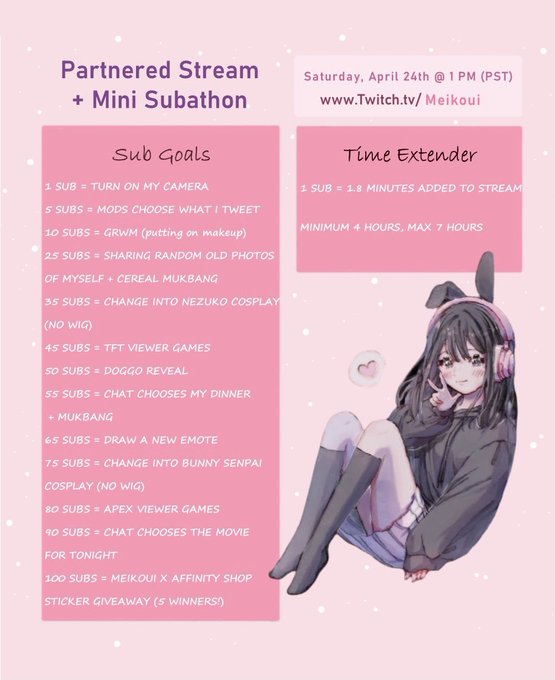 Here&rsquo;s the info for Saturday&rsquo;s Mini Subathon for reaching partner!! Be there or else.. 👹 #Twitch #subathon<a href="/tag/twitch"class="tags"><span>#twitch</span></a><a href="/tag/subathon"class="tags"><span>#subathon</span></a>