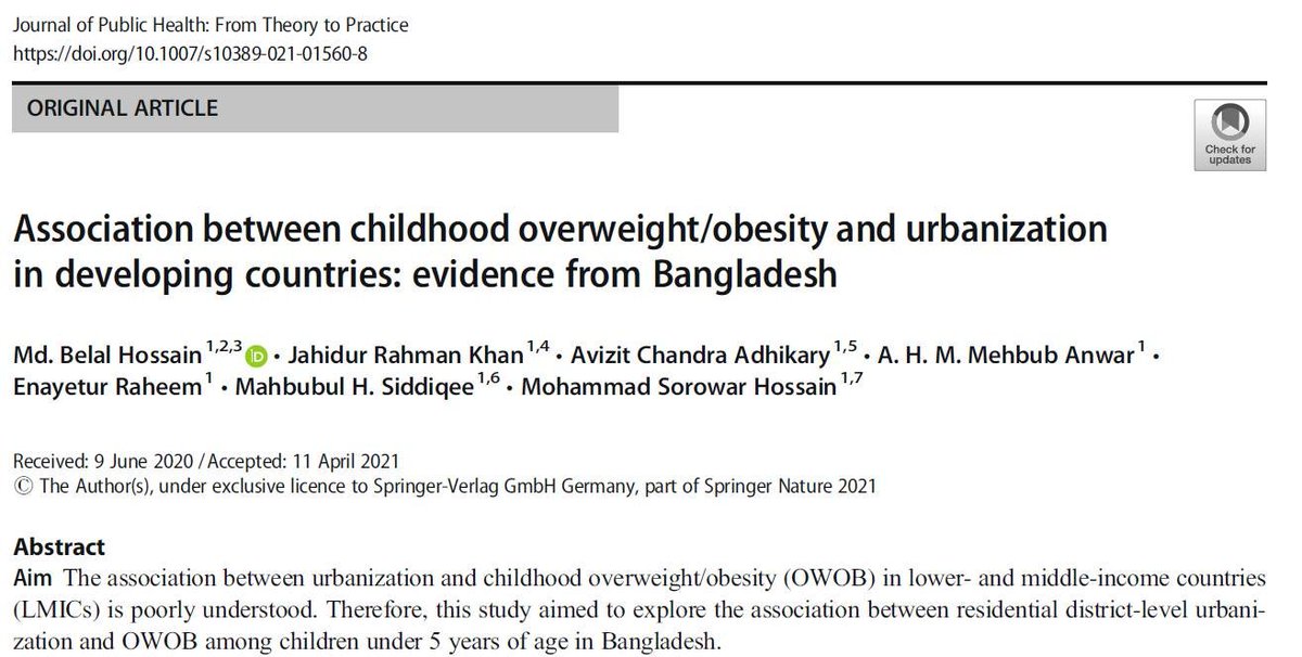 New article about #urbanization and #overweight/obesity in children in #LMICs. doi.org/10.1007/s10389…