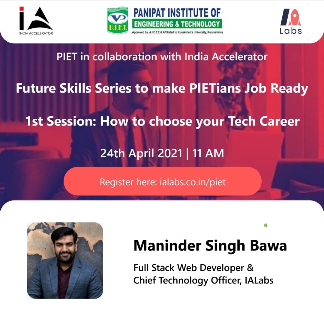 PIETPanipat's tweet image. Are you confused to make a choice for your tech career? Clear all your doubts by participating in the session today from 11am onwards to make yourself job-ready with appropriate skills and expertise.
Visit: piet.co.in 
#piet #IndiaAccelerator #TrainingProgram #Career