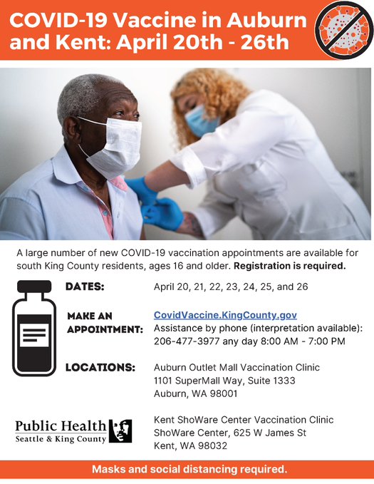 A large number of appointments are still available for south King County residents for this weekend at the accesso ShoWare Center in Kent and the Outlet Collection shopping center in Auburn.Register here:  https://covidvaccine.kingcounty.gov/ 