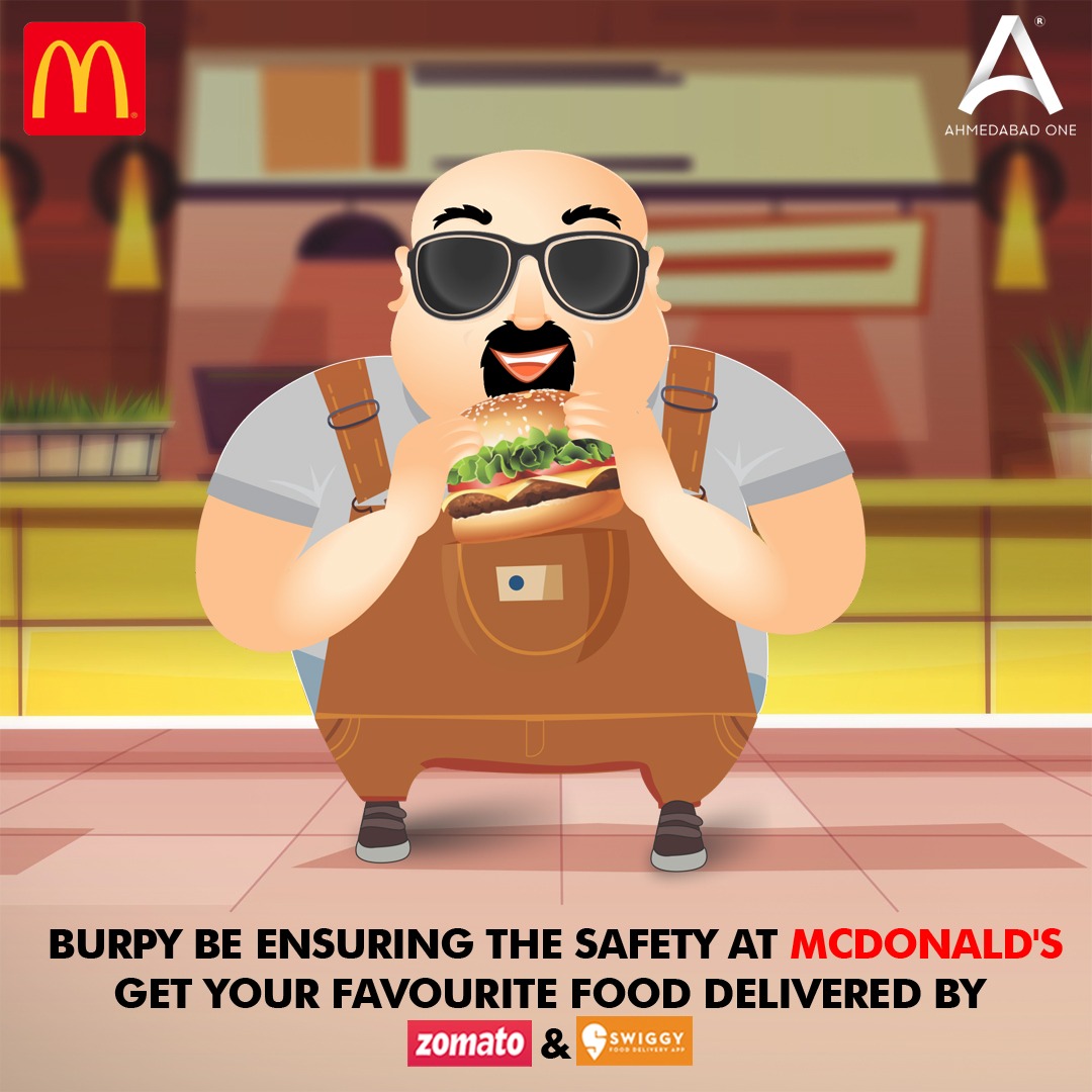 Burpy be ensuring the safety of all his Burrgerrrs at @McDonalds all day!! Order yours from #AhmedabadOne Mall delivered by #Zomato or #Swiggy What's your pick this Saturday?? #Indianmalls #Nexusmalls #food #onlinedelivery #mallsinAhmedabad #Ahmedabad