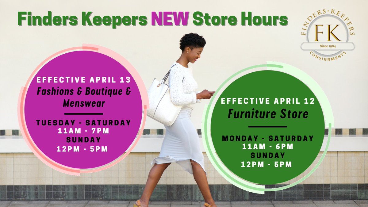 FKConsign's tweet image. NEW Extended Store Hours at all Finders Keepers stores! 🕒 Shop online anytime at fkconsign.com - mailchi.mp/e5167bc12fb8/n…