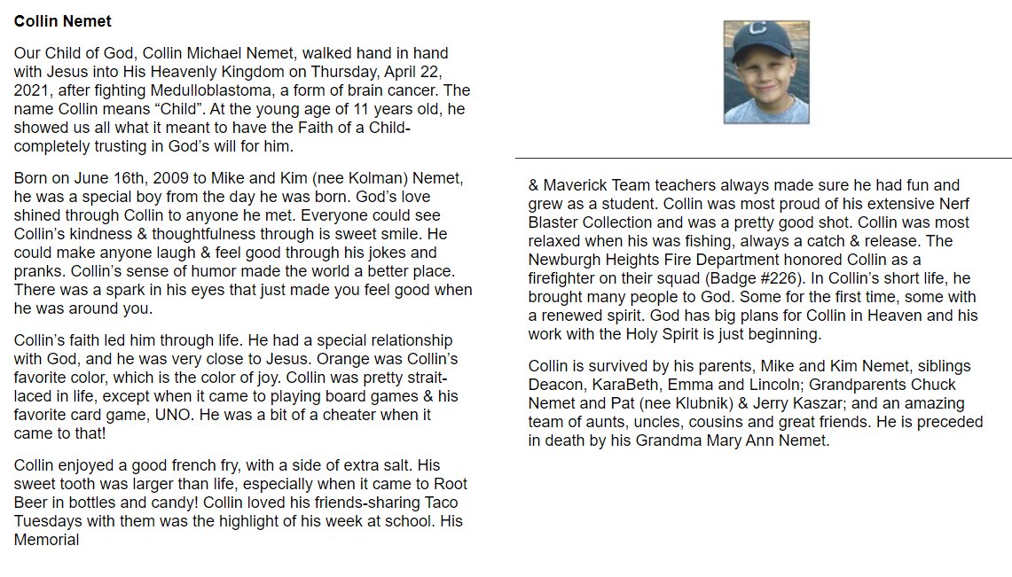 Our deepest sympathies to the Nemet Family on Collin's passing......
<a href="/BrunswickCSD/">BrunswickCitySchools</a> <a href="/BBPO_Brunswick/">BBPO</a> <a href="/BHSGoBigBlue/">Brunswick HS Athletics</a>