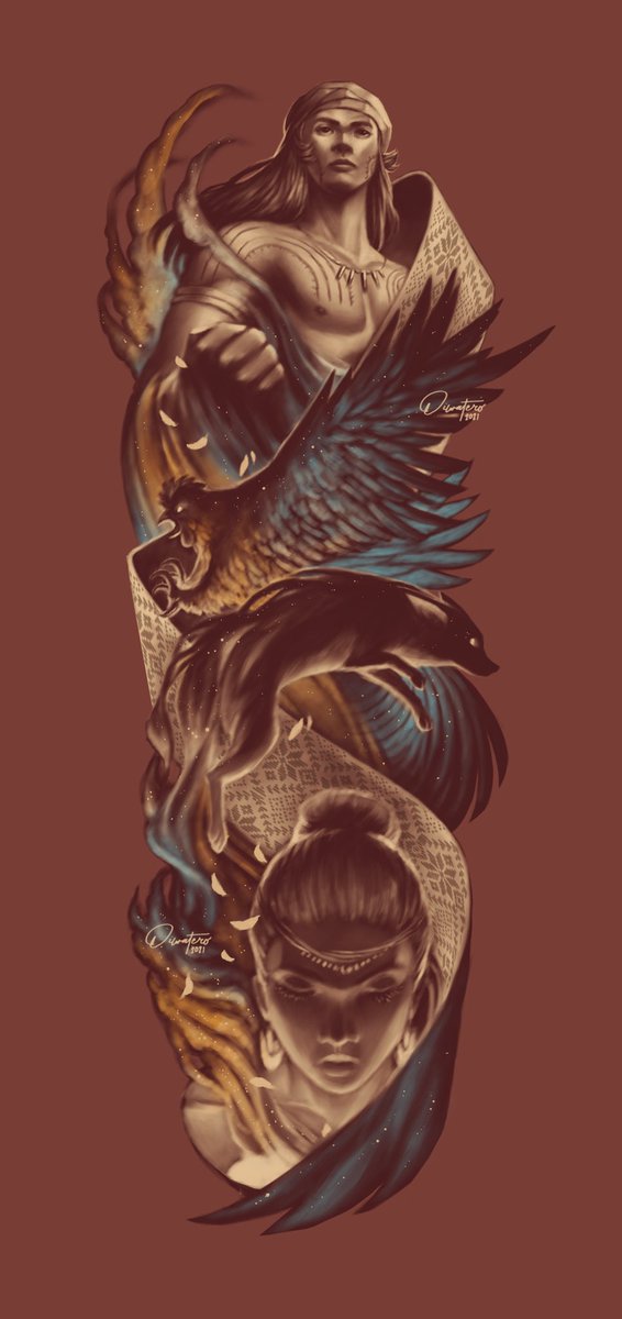 diwatero's tweet photo. 「 Resurrection of Lam-Ang 」

From the beloved Ilocano epic “Biag ni Lam-Ang” … This arm-tattoo commission depicts the ritual administered by Lam-Ang’s wife, Ines Kannoyan, with the help of his magical dog and rooster. ✨

#Ilocano #Inabel #Epic #ArtPH #PhilippineMythology https://t.co/yVkW5nXiv4