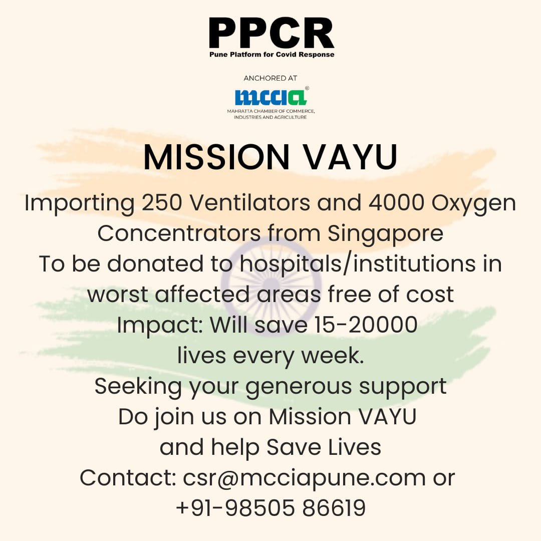 Made my contribution for Mission Vayu . Need generous contributions as special aircrafts are flying to get this equipment. First consignment already being loaded. Cmon India let’s do it . mcciapune.com/media/printmed… <a href="/ppcr_pune/">#Pune Platform for Collaborative Response</a> <a href="/MCCIA_Pune/">MCCIA</a>