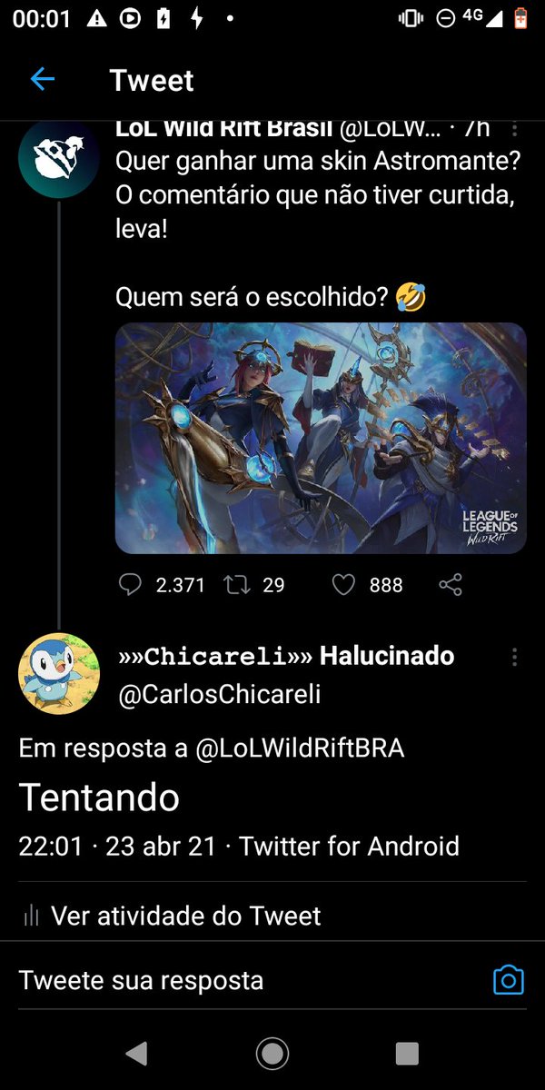 CarlosChicareli's tweet photo. @LoLWildRiftBRA Eu já tinha tirado uma print meia noite pq imaginei que isso iria acontecer, mas tá aqui (e ainda tá sem like então se quiser tiro até outra print) https://t.co/I93KzQZaSx