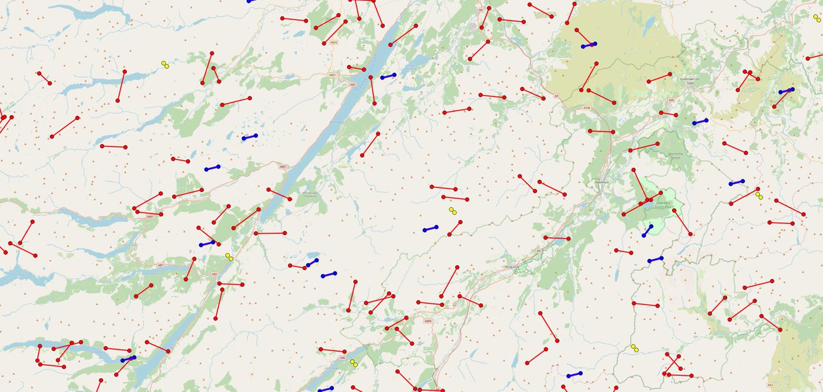 A chunk of the Highlands.There are a lot of 2km-5km pairs here. These are in the dangerous range for confusion in mountain rescue IMHO. Interesting that nearly all of the blue pairs and yellow pairs have the same angle/distance.