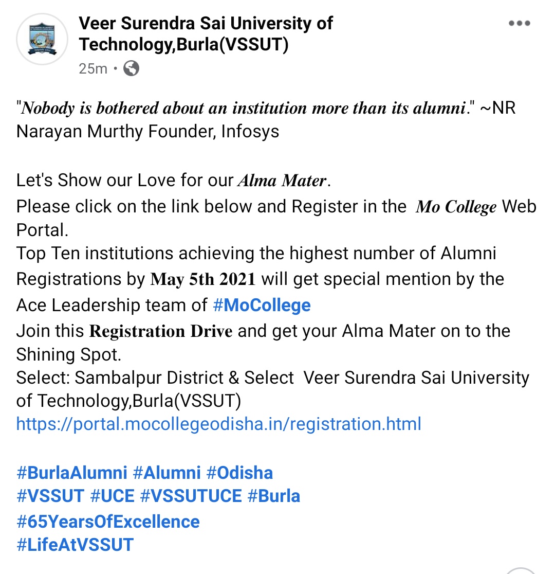 VSSUTB's tweet photo. Join this 𝐑𝐞𝐠𝐢𝐬𝐭𝐫𝐚𝐭𝐢𝐨𝐧 𝐃𝐫𝐢𝐯𝐞 and get our Alma Mater on to the Shining Spot.
https://t.co/BAhNE1rSXT
#BurlaAlumni #Alumni #Odisha
#VSSUT #UCE #VSSUTUCE #Burla
#65YearsOfExcellence
#LifeAtVSSUT https://t.co/52euT7P3ti