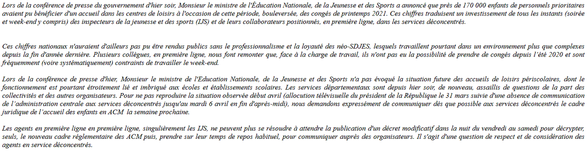 comSEJS's tweet photo. Message envoyé à la DJEPVA hier après-midi relatif à l'absence régulière (et irrespectueuse) de communication du ministère auprès des services déconcentrés au sujet du cadre applicable en période #COVID19 aux #AccueilsCollectifsdeMineurs https://t.co/wRPdoGhYmr