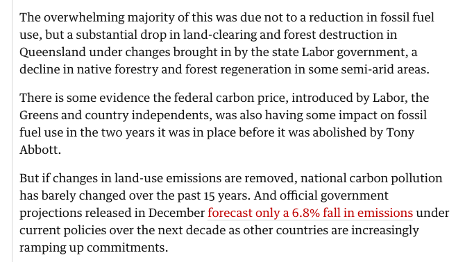 But as  @adamlmorton pointed out in his fact check yesterday, a huge share of the drop in emissions from land use change, both after 1990 and after 2007 in the chart above occurred Queensland, as a result of tightening up land-clearing rules. https://www.theguardian.com/environment/2021/apr/23/australia-has-been-talking-up-its-climate-credentials-but-do-the-claims-stack-up