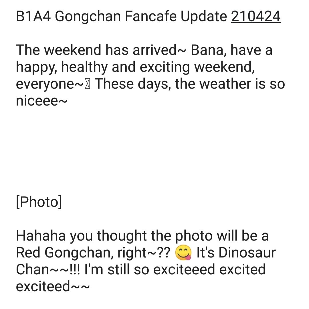 B1A4 Gongchan Fancafe Update 210424

The weekend has arrived~ Bana, have a happy, healthy and exciting weekend, everyone~🥰 These days, the weather is so niceee~

#B1A4 #공찬 #Gongchan <a href="/_B1A4OFFICIAL/">B1A4</a>
👉🏻 m.cafe.daum.net/-b1a4/kKIq/657…
