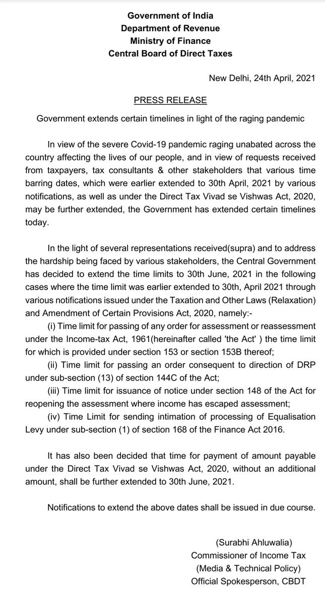 IncomeTaxIndia's tweet image. Govt grants respite to taxpayers in difficult COVID times. Extends certain timelines. 
Time barring dates extended to 30th June, 2021 for certain cases. 
Dt for payment under #VivadSeVishwas Act,2020 without additional amount also extended to 30th June, 2021.
Press release issued