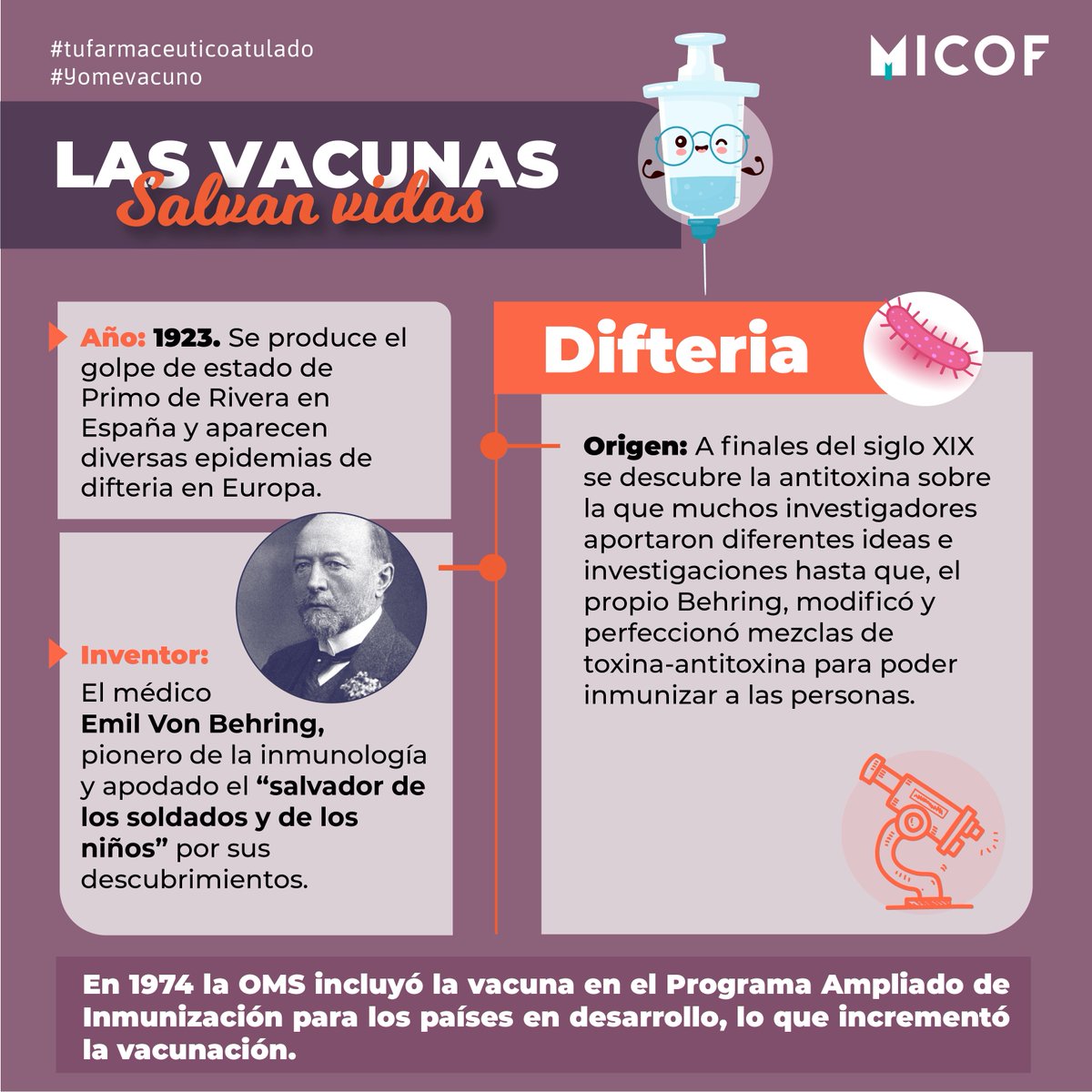micofvlc's tweet photo. En la Semana Mundial de la Inmunización no podíamos olvidar nuestra serie de "Las vacunas salvan vidas". Hoy  recordamos el descubrimiento en 1923 de la vacuna de la difteria gracias al Dr. Von Behring. #Yomevacuno #tufarmaceuticoatulado https://t.co/k6wGmFyDys