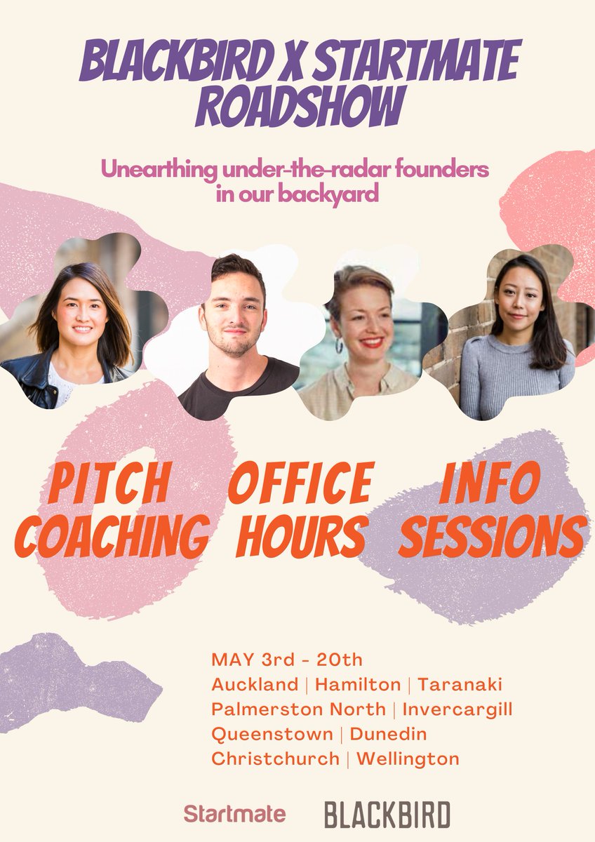 The NZ Startmate and @Blackbird teams are hitting the road, on a mission to unearth under-the-radar founders. Join them for pitch coaching with <a href="/holasammy/">Samantha Wong</a>, office hours with <a href="/Phoebe_Beth/">Phoebe Harrop</a> and <a href="/tip_nz/">TIP_NZ</a> and a Startmate session with <a href="/r_yanwalker/">Ryan Walker</a>.
RSVP now: bit.ly/2PgdSd4