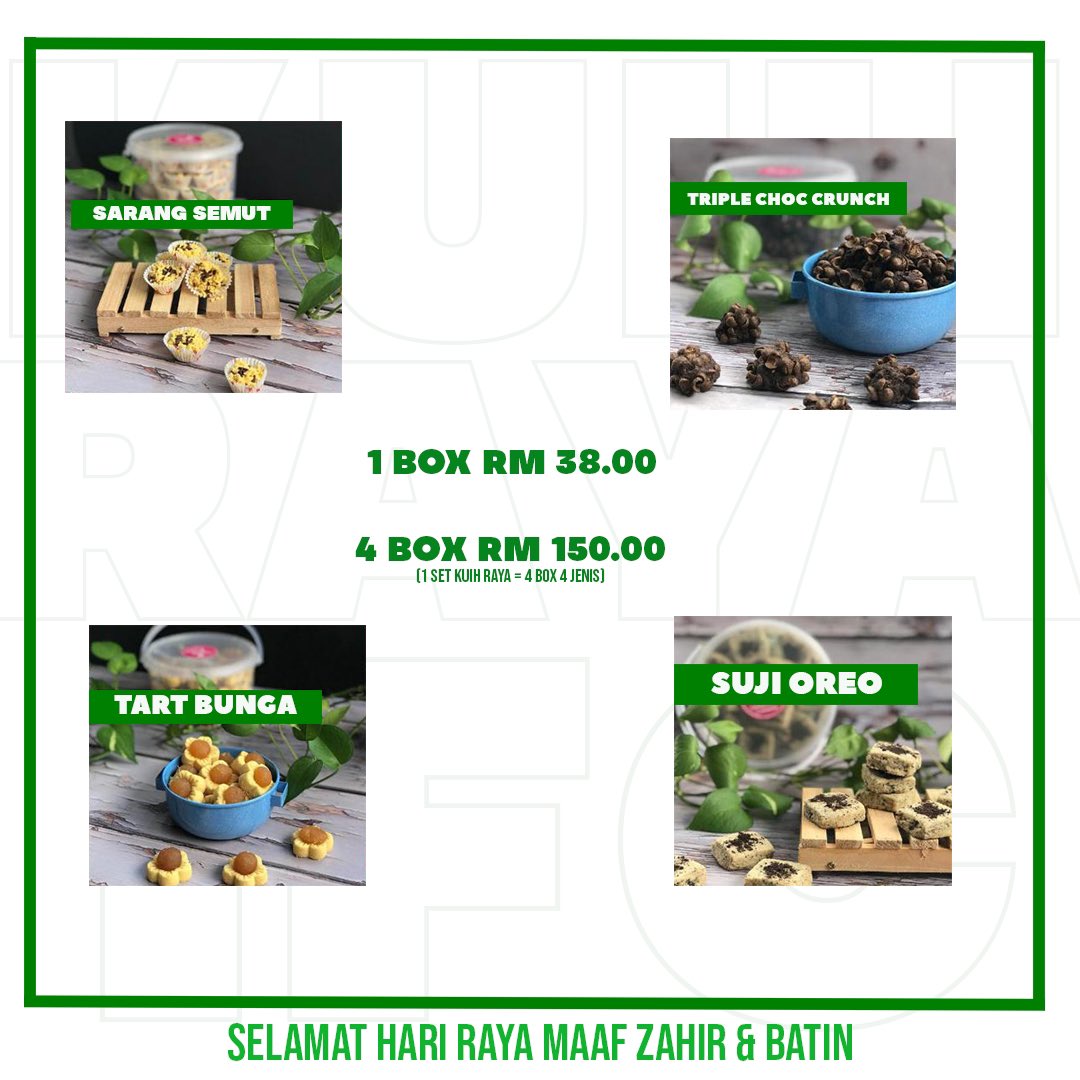 BISKUT RAYA IFC MALAYSIA 2021

Dapatkan segera biskut raya IFC Malaysia. 

Ada 4 jenis biskut , antaranya 

👉sarang semut 
👉triple choc crunch
👉tart bunga
👉suji orea.

Beli 1 > RM 38.00

Beli 4 ( 1 set combo ) > RM150.00

PM segera untuk pembelian . 

MIGHTY TIGERS