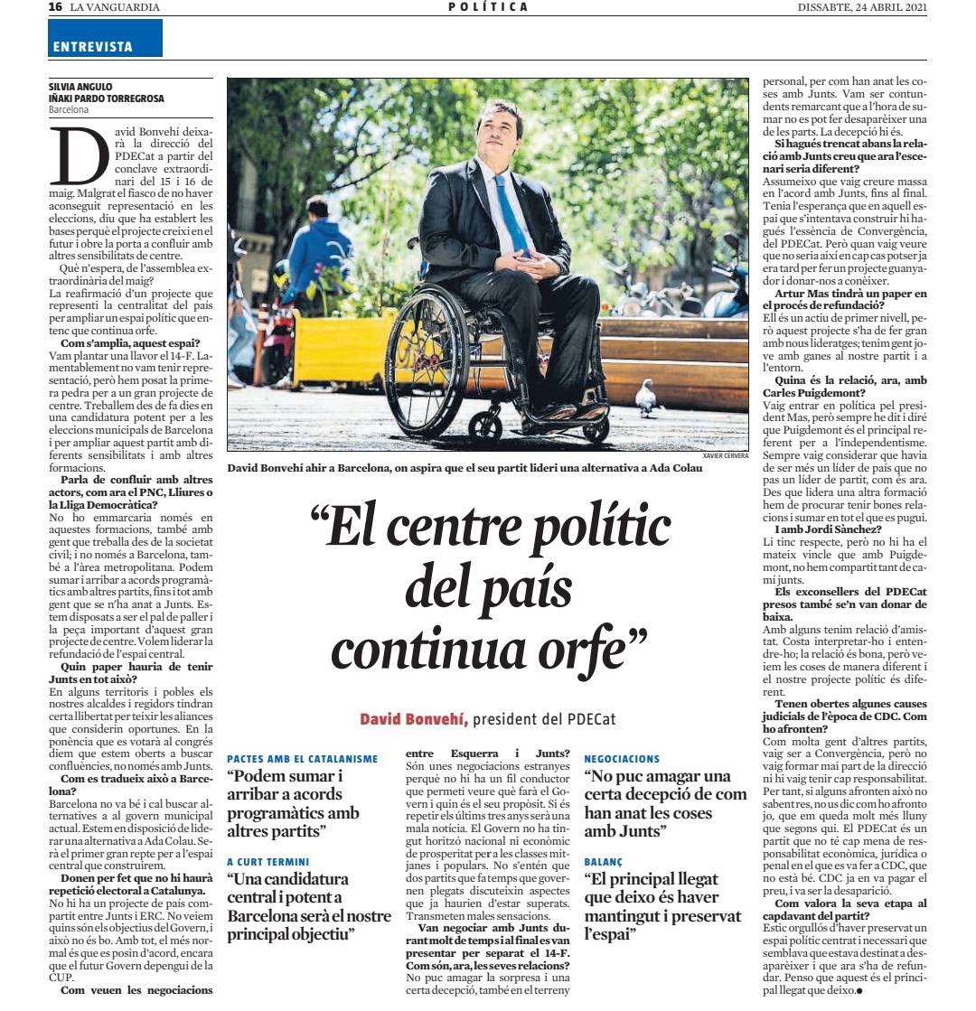 Pdemocratacat's tweet photo. 📰 President @davidbonvehi: "El centre polític del país continua orfe"

📌 Podeu llegir l'entrevista sencera a @LaVanguardia aquí i en el següent enllaç: https://t.co/XacrHLpbsE https://t.co/RWkKRcdoZh
