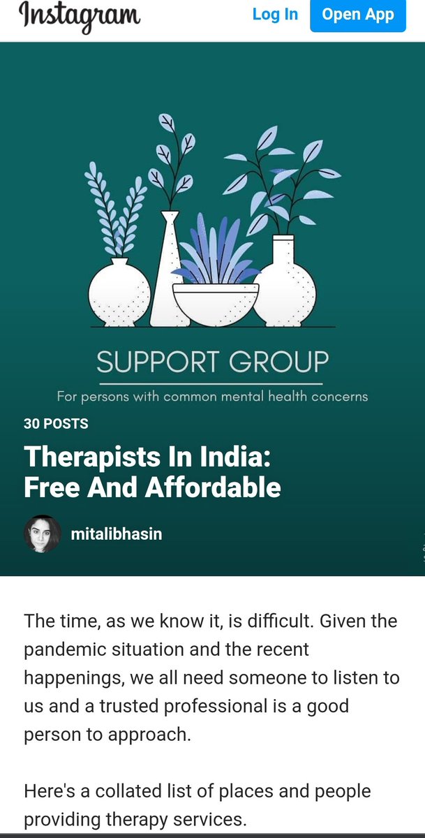 @/mitalibhasin on Instagram has made two guides on affordable therapists in India. Comprehensive list.  #mentalhealth https://www.instagram.com/mitalibhasin/guide/therapists-in-india-free-and-affordable/17910024889740663/?igshid=gcdek37h1mkl