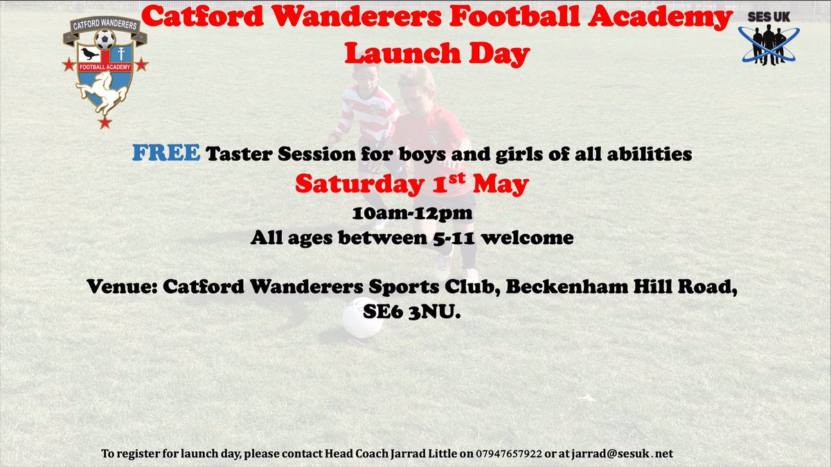 CatfordAcademy's tweet photo. Catford Wanderers Football Academy Launch, Saturday 1st May.

Friendly and inclusive club

Pathway into team competitive football

Age appropriate training models for girls and boys aged 5-11 years

#football #youthfootball #CWFA #academy #southlondon #launchday ⚽️ https://t.co/677nALNF4R