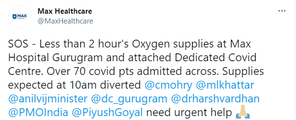 TimesNow's tweet photo. #O2IndiaEmergency | Less than 2 hours of oxygen supplies at Max Hospital Gurugram and attached dedicated Covid centre. Over 70 Covid patients admitted across supplies expected to be diverted as there is shortage of oxygen: @maxhealthcare. https://t.co/6ZrdJoQPez
