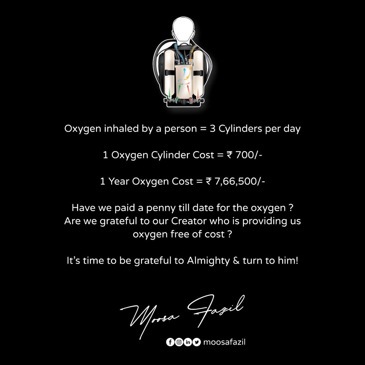 Now we get to know it’s value more, when there is scarcity of Artificial Oxygen Cylinder!

#oxygen #moosafazil #quotes #oxygencylinder #creator #naturaloxygen #freeofcost #covid #corona #coronavirus #covid19 #artificialoxygen #scarcityofoxygen #oxygenconcentrator #oxygenscarcity