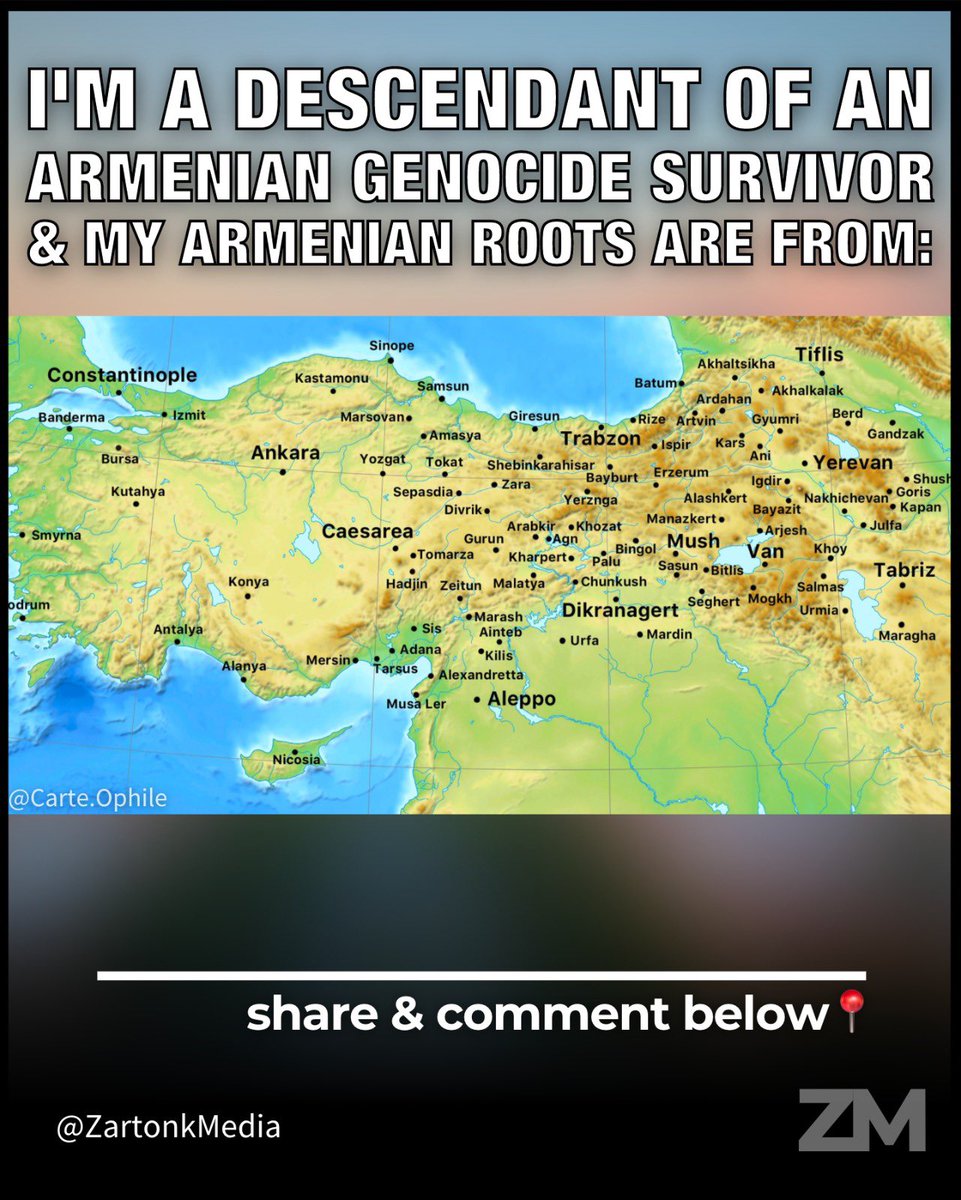 ZartonkMedia's tweet photo. I'm A Descendant Of An Armenian Genocide Survivor &amp; My Armenian Roots Are From:

1. Quote Retweet this post.

2. Comment below your Armenian roots &amp; discover other Armenians who came from the same region as you. https://t.co/NIloxHg8bM