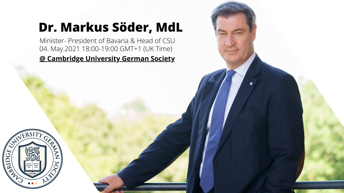 🌟Update🌟

We are proud to present the Minister-President of Bavaria and Head of the CSU <a href="/CSU/">CSU</a>, Dr. Markus Söder <a href="/Markus_Soeder/">Markus Söder</a>, as one of our speakers this term!
fb.me/e/2jKparFD5

Make sure to sign up using the following link:
bit.ly/32GFOKb