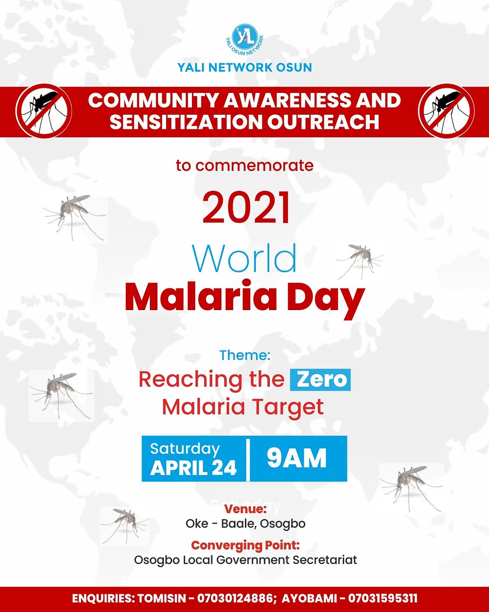 YALINetworkOsun's tweet photo. Today by 9am, we will be reaching out to the Oke-Baale Community in Osogbo for community awareness and sensitization outreach to commemorate the 2021 World Malaria Day with the aim of Reaching the Zero Malaria Target.
#WorldMalariaDay #ZeroMalariaTarget #YALINetworkOsun https://t.co/0zc8Sa7fu4