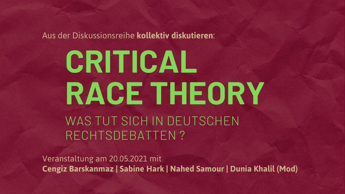 Nach dem fantastischen [ 💜! ] Auftakt geht "kollektiv diskutieren" in die zweite Runde. 
Mit Cengiz Barskanmaz <a href="/barskanmaz/">Cengiz Barskanmaz</a>, Sabine Hark @sabine_hark, Nahed Samour &amp; Dunia Khalil <a href="/dkhalilcevic/">Dunia Khalil</a>  in der Moderation. 
Mehr Infos &amp; Anmeldung hier: recht-geschlecht-kollektivitaet.de/kollektiv-disk…
