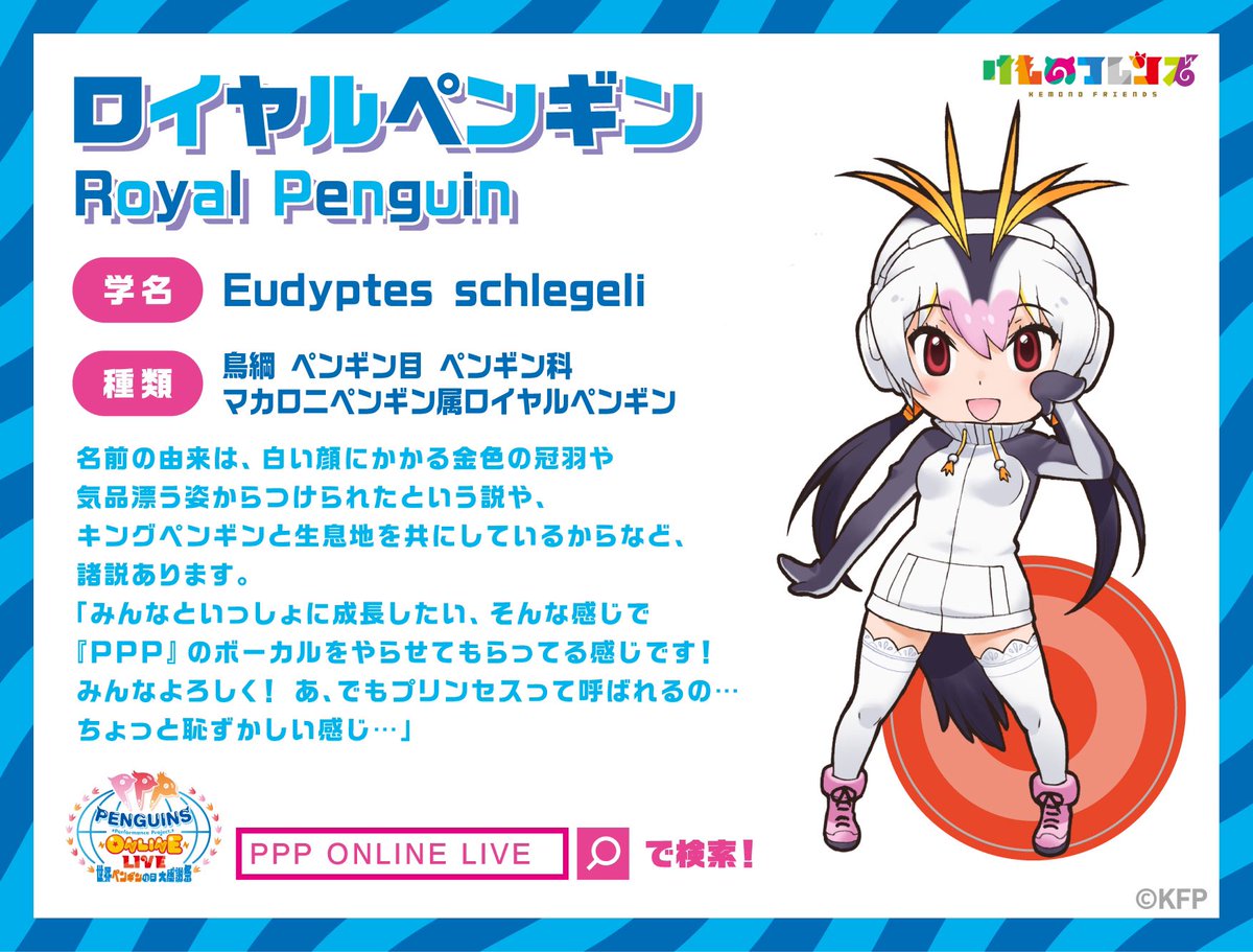 けものフレンズ 公式アカウント S Tweet Ppp Online Live 世界ペンギンの日大感謝祭 ライブ開催記念 本日はロイヤルペンギンのフレンズをご紹介 Ppp Online Liveはいよいよ明日 まだ間に合うチケットはこちら ロイヤルペンギングッズ付きチケットは