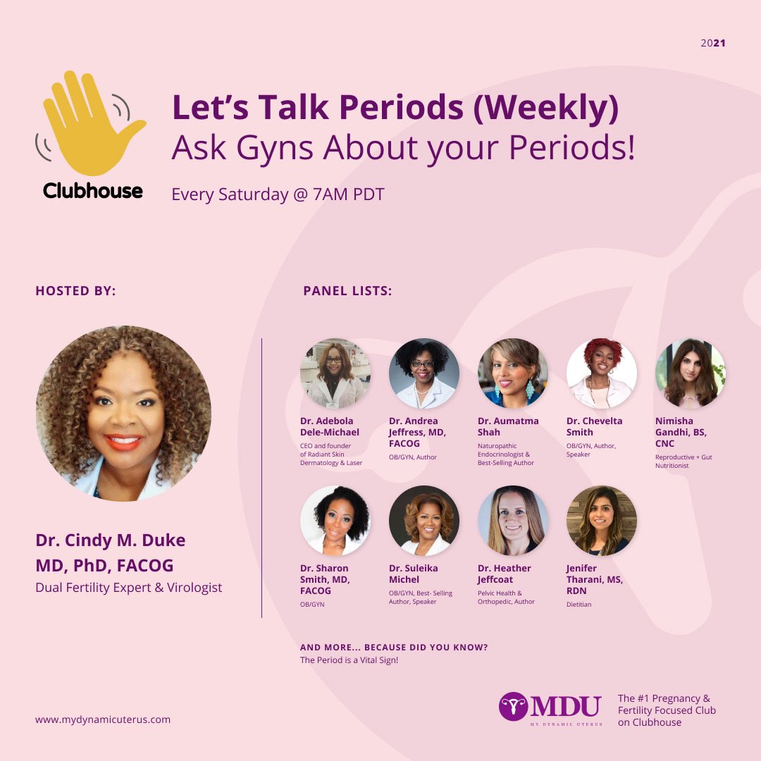 “🩸Let’s Talk Periods (Weekly): Ask Gyns About Your Periods!🩸” w <a href="/drjeffressmd/">Dr. Andrea Jeffress</a>, <a href="/Doctor_Emi_/">Doctor Emi</a>, <a href="/Dr_DeleMichael/">Dr. Dele-Michael</a>, <a href="/mooncyclehealth/">Nimisha Gandhi, BS, CNC</a>, <a href="/DrSuleikaMichel/">Dr Suleika Michel</a>, @TheLadyPartsPT, <a href="/doctorp23/">Pierre Johnson, MD</a>, <a href="/SharonSmithMD/">Sharon Smith, MD</a> &amp; MDU. Today, 7AM PDT on <a href="/joinclubhouse/">Follow @Clubhouse</a>. Join us! bit.ly/3tMSLhK @ClubhouseBest