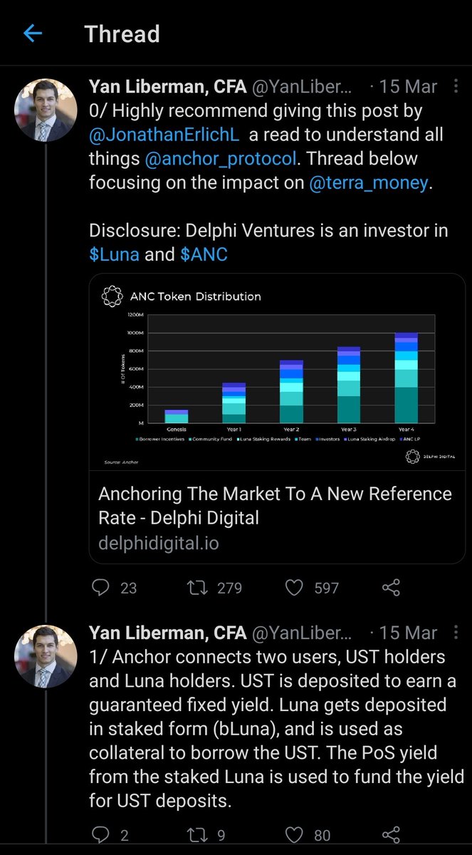 Thread - March 2021 @anchor_protocol provides stable  $UST yield (predictable yield is unique in  #DeFi) & its growth has self-reinforcing effects on LUNA (decreases supply of  $LUNA as demand for UST grows) $ANC https://twitter.com/YanLiberman/status/1371644922265231361?s=19
