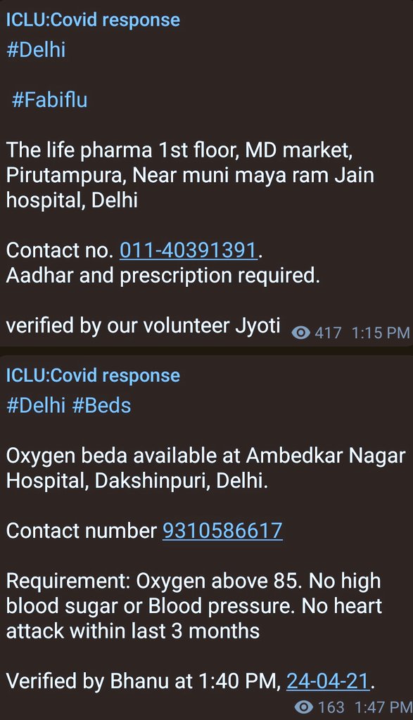  #ICLU  #CovidResponse  #TheICLUSquad #Delhi #Fabiflu The life pharma 1st floor, MD market, Pirutampuraverified by our volunteer Jyoti #BedsOxygen beda available at Ambedkar Nagar Hospital, DakshinpuriRequirement: Oxygen above 85.Verified by Bhanu at 1:40 PM, 24-04-21.